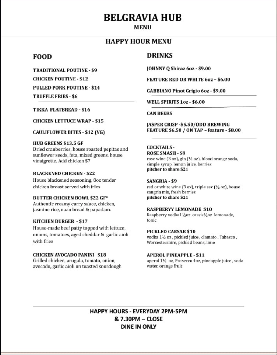 Belgravia Hub Happy Hour Menu - Specials and deals in Edmonton